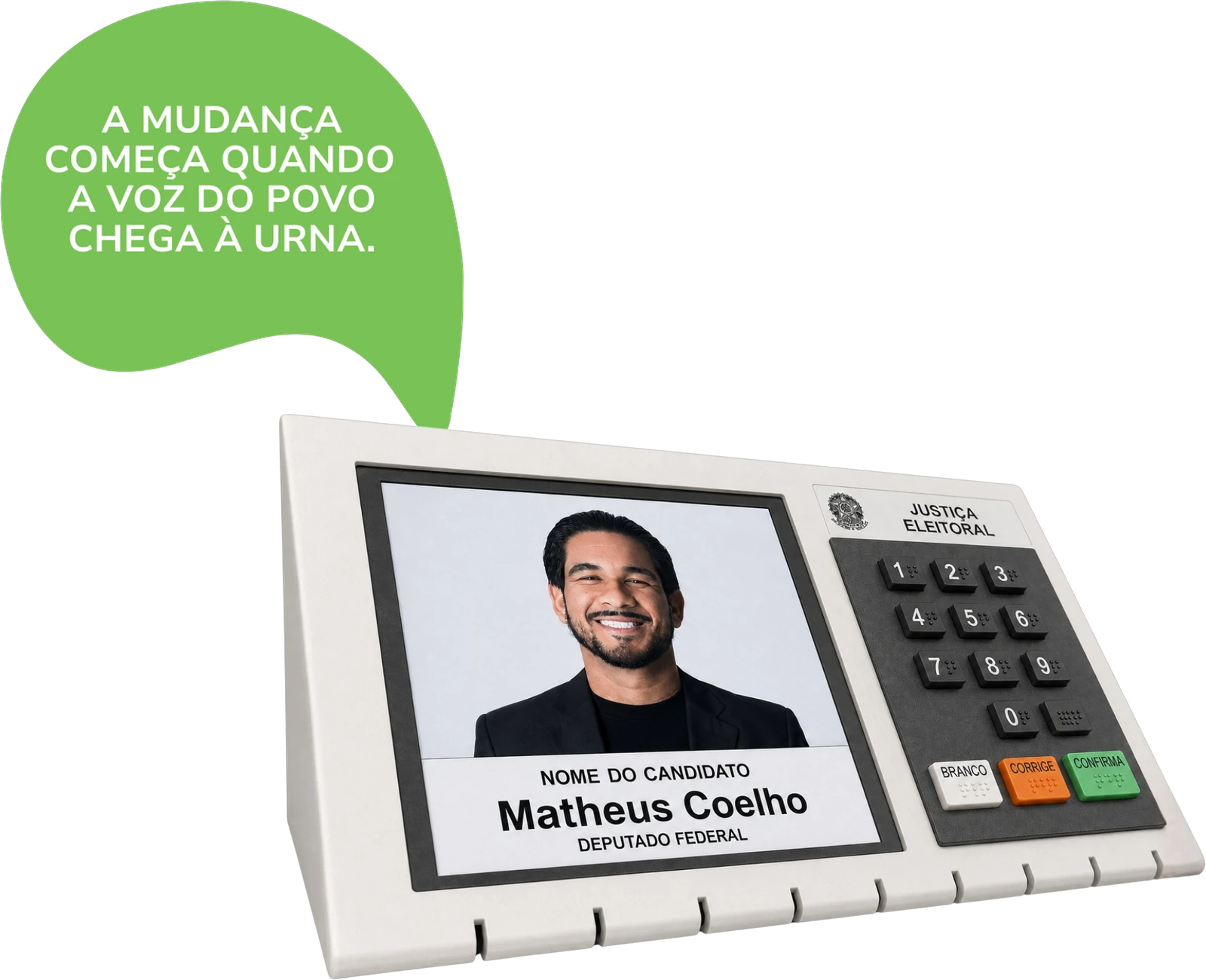 Urna eletrônica com o nome de Matheus Coelho, ao lado da mensagem: a mudança começa quando a voz do povo chega à urna
